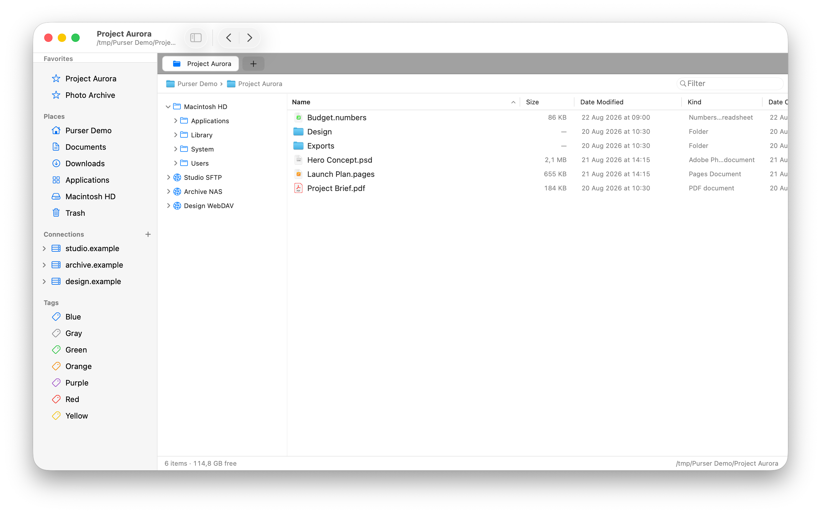 A Purser workspace with fictional project files, Favorites, Finder tags, sortable columns and saved SFTP, NAS and WebDAV connections.